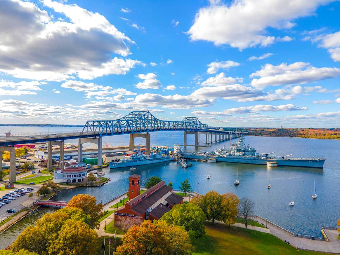 Fall River waterfront and Braga Bridge over Mount Hope Bay in Massachusetts